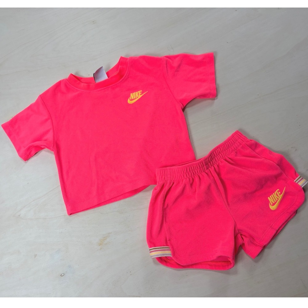 Nike Toddler Girls Neon Pink Terry Cloth Short Set Size 4 5 Activewear 2pc